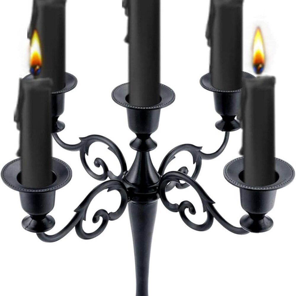 Metal Candle Holder，5 Arms Pure Black Candle Holders for Pillar Candles（10.6 inc